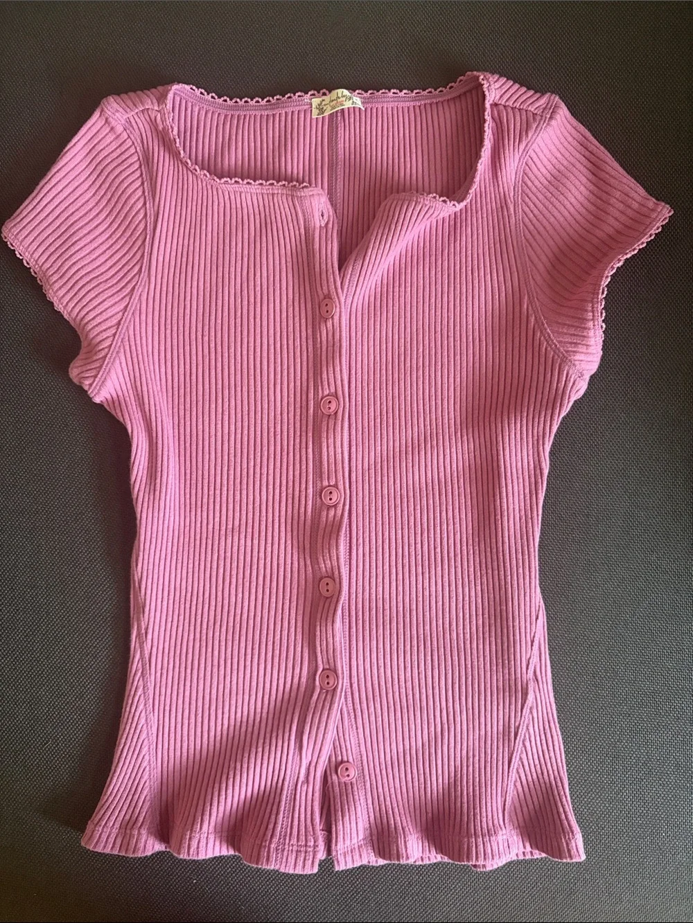 Free People Pink Ribbed Short-Sleeve Button-Front Top